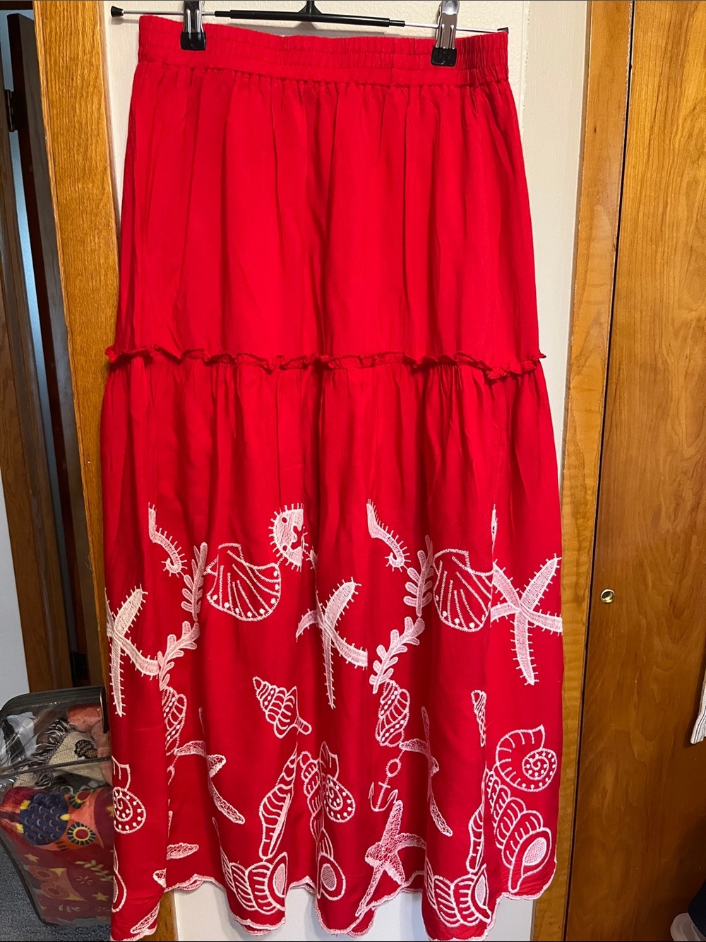 Red Embroidered Tiered Maxi Skirt